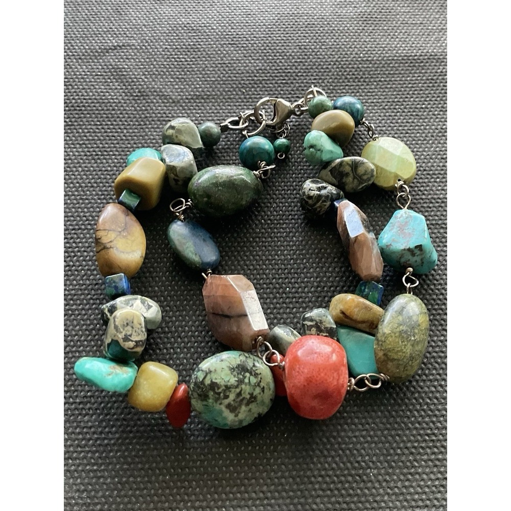 Vintage Chunky Multi Gemstone Double Strand Bracelet 925 Sterling Silver Hardwar